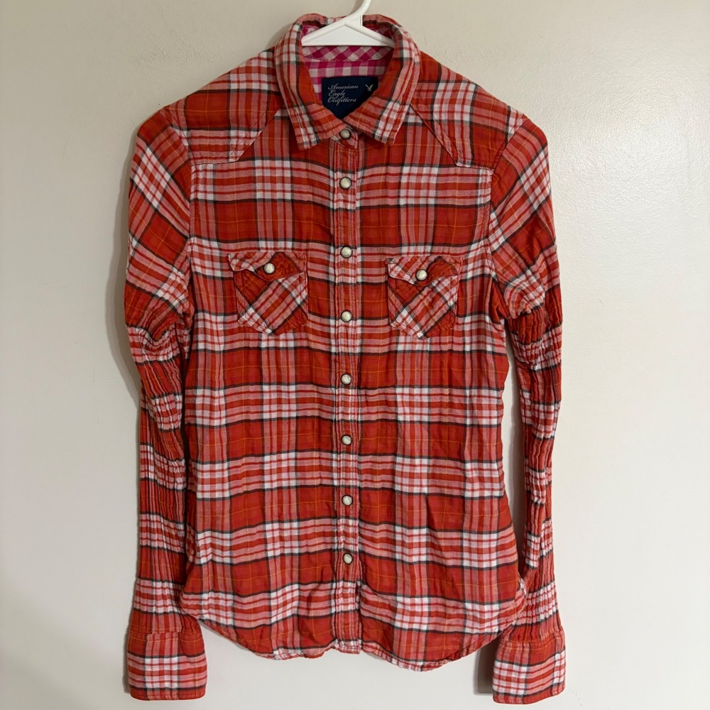 American Eagle Outfitters Womens Orange Plaid Western Snap Button Shirt Size 2